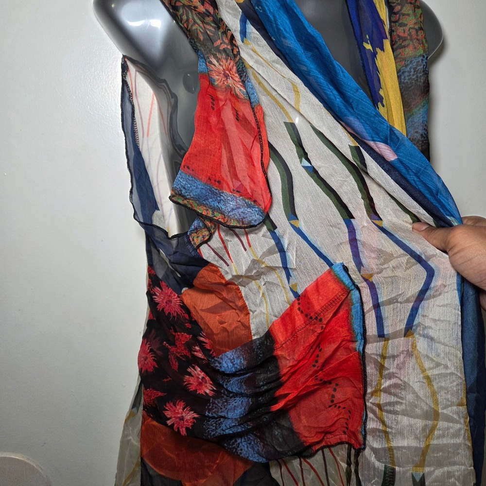 Feratelli XL Colorful Patchwork Sheer Chiffon Duster Vest Boho Artsy Lagenlook - Picture 4 of 7